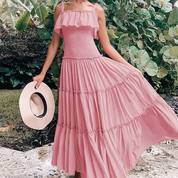 🆕 Lulu’s BOHEMIAN DUSTY PINK SMOCKED TIERED MAXI - Picture 4 of 8